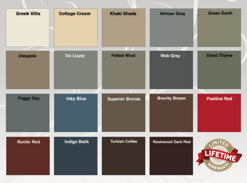 Sherwin Williams Paint Color Swatches: Greek Villa Cottage Cream Khaki Shade African Gray Green Earth Utaupeia Tin Lizzie Felted Wool Web Gray Dried Thyme Foggy Day Inky Blue Superior Bronze Brevity Brown Positive Red Rustic Red Indigo Batik Turkish Coffee Rockwood Dark Red Limited Lifetime Warranty